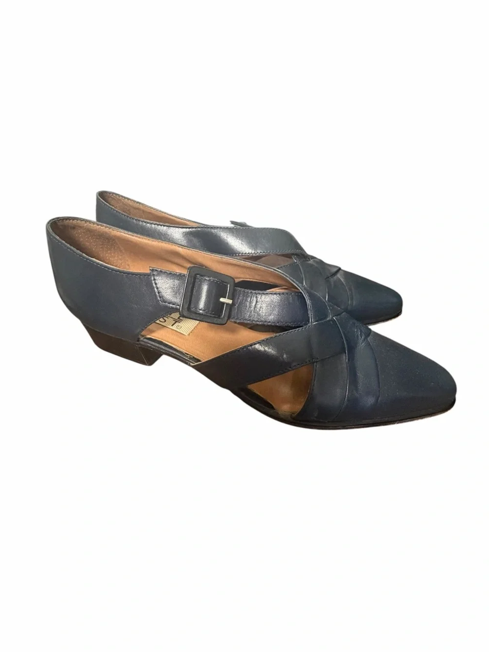 Nine West Navy Leather Pointed-Toe Flats with Buckle 9